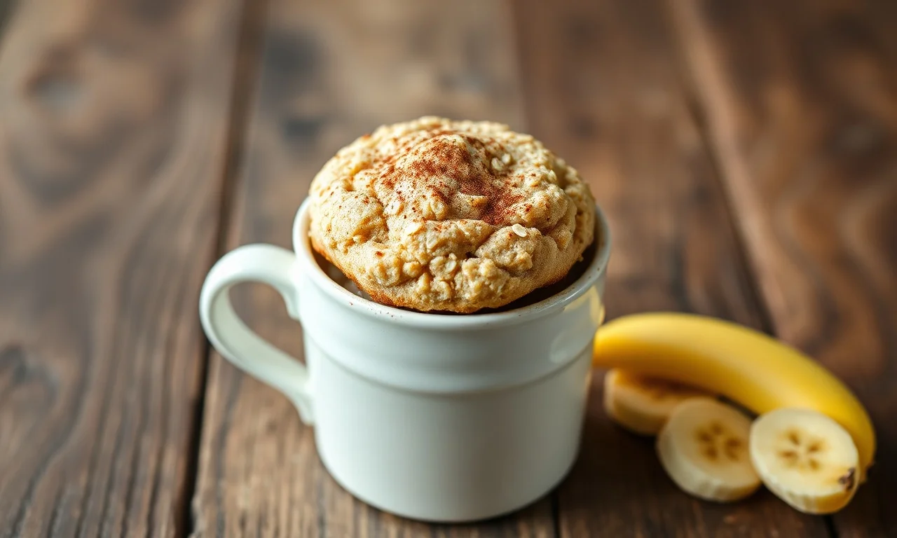Um bolo de caneca saudável, macio e úmido, feito com banana e aveia, finalizado com uma pitada de canela e servido em uma caneca de cerâmica.