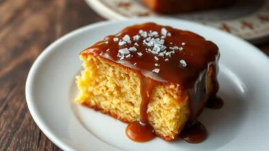 Fatia de bolo de caramelo macio e úmido, com interior dourado e cobertura de flor de sal.