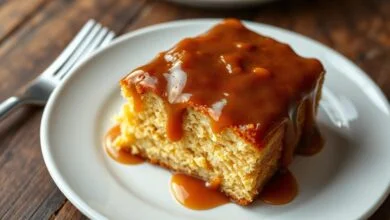 Fatia generosa de bolo de caramelo amanteigado com cobertura escura e brilhante, revelando um interior dourado e úmido.