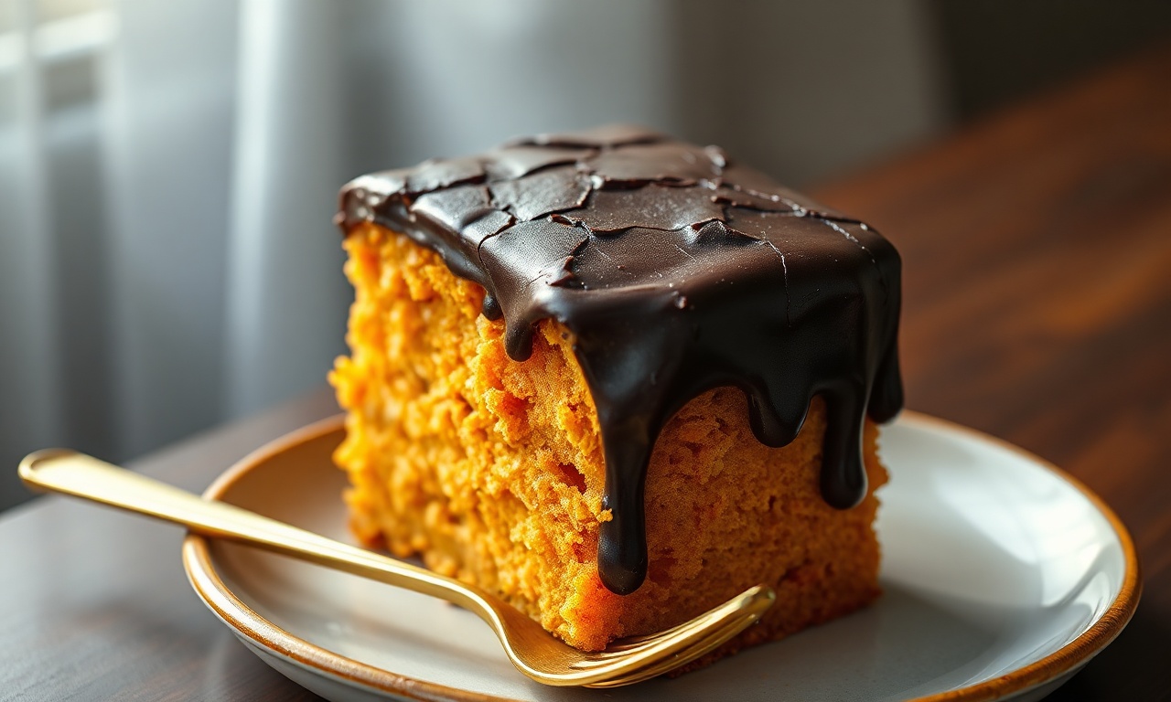 Bolo de cenoura alto com cobertura de chocolate que brilha e apresenta rachaduras crocantes
