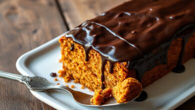 Bolo de cenoura fofinho inteiro, com calda de chocolate escorrendo pelas laterais, fatiado parcialmente para revelar a textura macia.