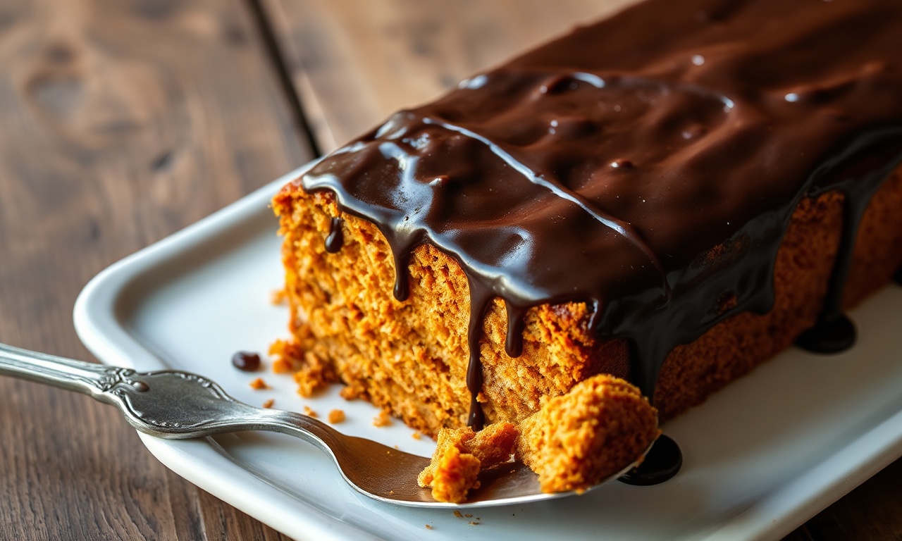 Bolo de cenoura fofinho inteiro, com calda de chocolate escorrendo pelas laterais, fatiado parcialmente para revelar a textura macia.