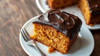 Fatia generosa de bolo de cenoura com cobertura de chocolate cremosa, mostrando a textura macia e úmida da massa.