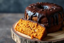 Bolo de cenoura inteiro, com cobertura de chocolate derretido escorrendo pelas laterais, fatiado para mostrar a textura macia e úmida.