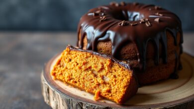 Bolo de cenoura inteiro, com cobertura de chocolate derretido escorrendo pelas laterais, fatiado para mostrar a textura macia e úmida.