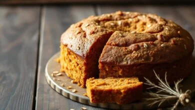 Bolo de cenoura dourado, fofinho e vibrante, fatiado e pronto para servir.