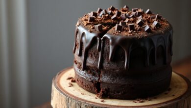 Bolo de chocolate alto e fofinho, com cobertura de ganache e raspas de chocolate.