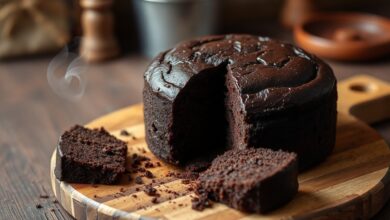 Bolo de chocolate com café inteiro com casquinha fina e brilhante, fatiado mostrando interior úmido e macio, servido em superfície rústica