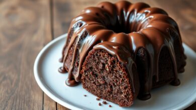 Bolo de chocolate fofinho com uma camada generosa de calda de brigadeiro cremosa e brilhante escorrendo pelas laterais, fatiado para mostrar a textura úmida e esponjosa.