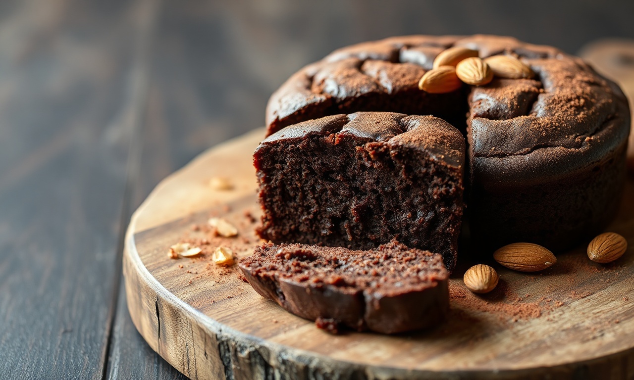Bolo De Chocolate Com Farinha De Amêndoas: Úmido E Sem Glúten 3 Bolo de chocolate denso e úmido, com crosta levemente craquelada e interior macio, fatiado sobre um prato de madeira rústico.