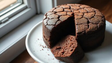 Bolo de chocolate redondo com superfície rachada e textura macia, fatiado para revelar o interior úmido.