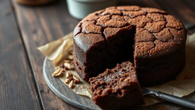 Bolo de chocolate sem ovo com crosta rachada característica, textura fofinha visível na fatia, polvilhado com chocolate em pó, servido em superfície rústica de madeira