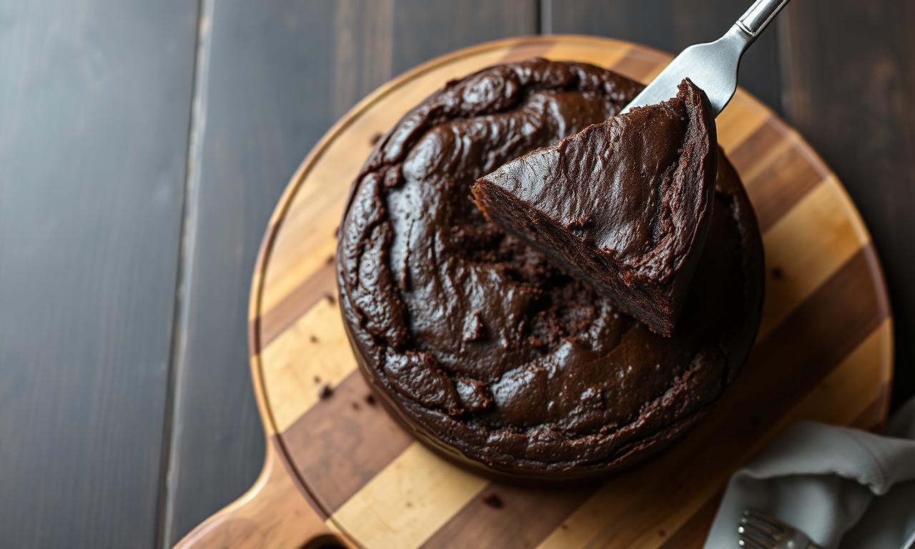 Um bolo de chocolate vegano redondo e denso, com uma fatia generosa sendo servida, revelando a textura úmida e fofa do interior.