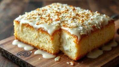 Bolo de coco inteiro, dourado e fofinho, coberto por uma calda cremosa que brilha, com lascas de coco fresco por cima, fatiado e pronto para servir.