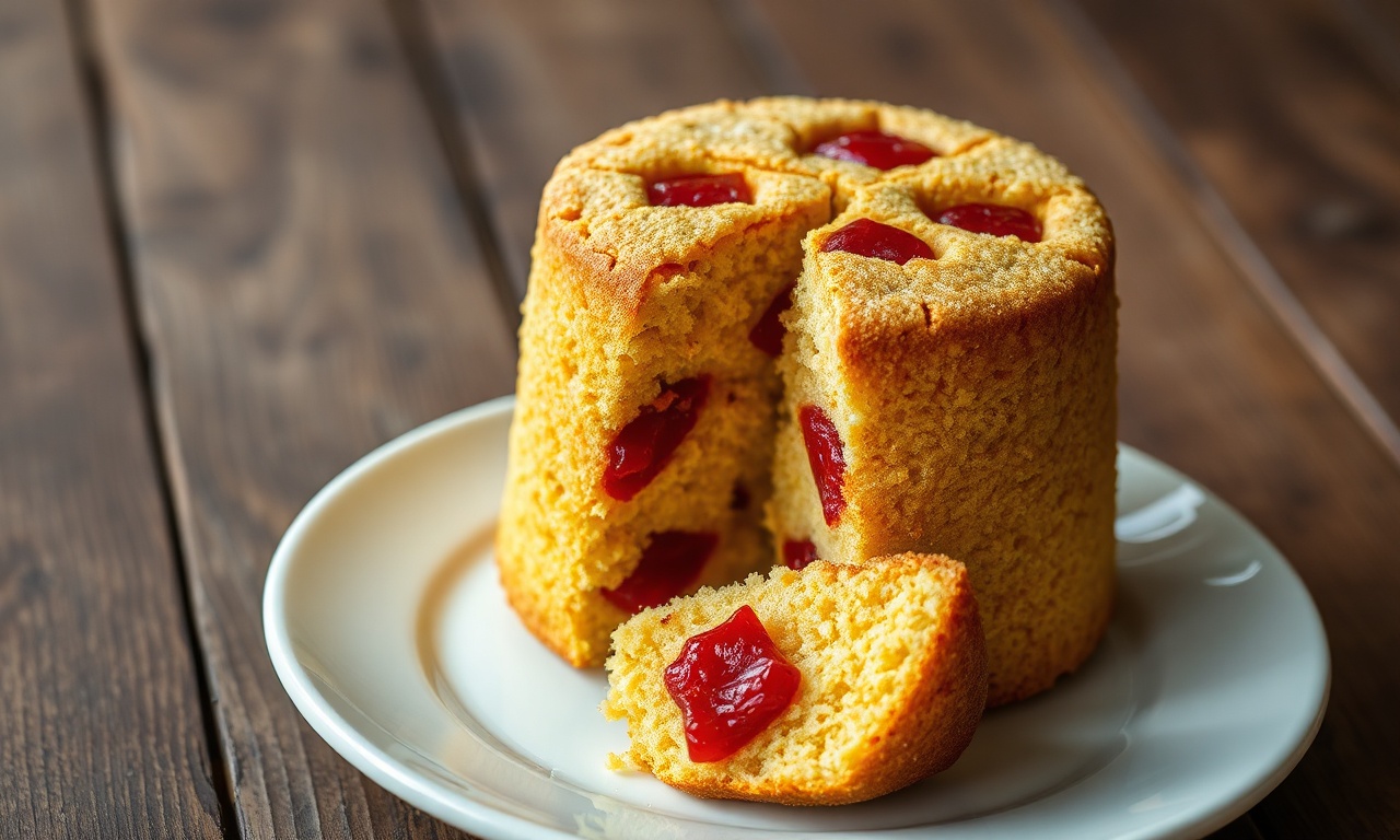 Bolo de fubá dourado e alto, com cubos de goiabada vermelha na superfície e fatiado para revelar a textura fofinha e os bolsões de goiabada derretida.