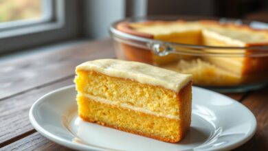 Bolo de fubá cremoso em uma forma de vidro, com a superfície dourada e levemente ondulada, mostrando as duas camadas distintas ao ser cortado.