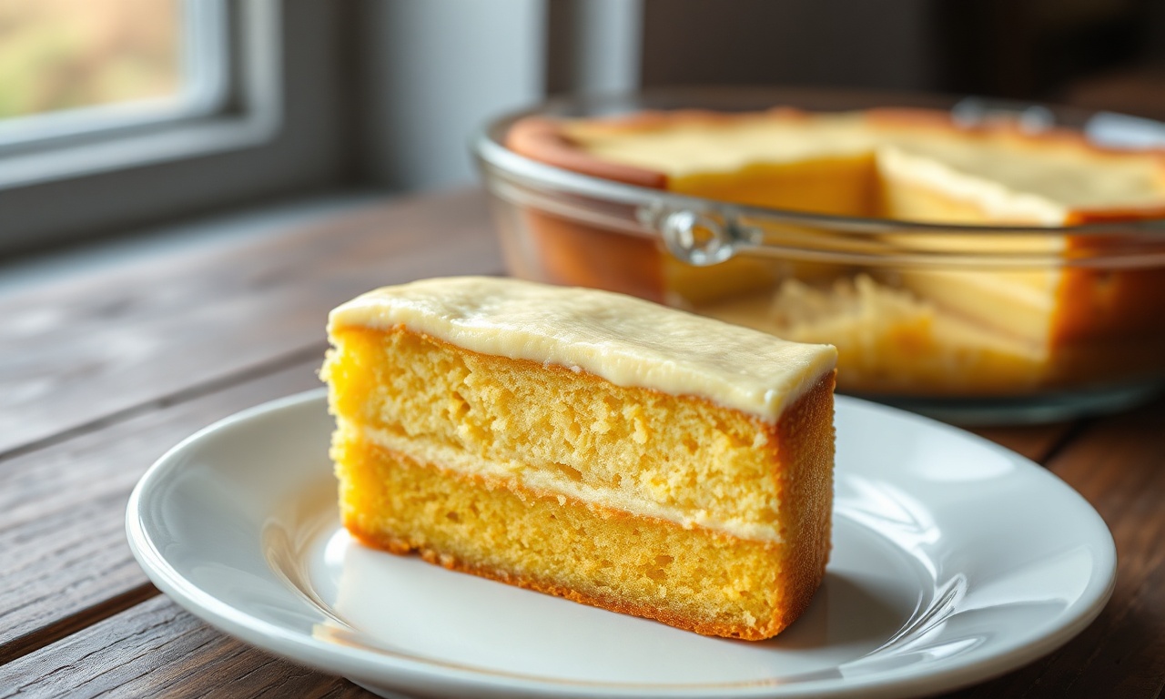 Bolo de fubá cremoso em uma forma de vidro, com a superfície dourada e levemente ondulada, mostrando as duas camadas distintas ao ser cortado.