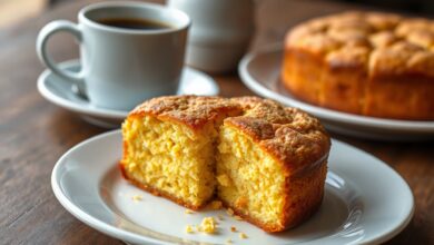 Bolo de fubá dourado com casquinha crocante no topo, fatiado revelando miolo macio e aerado, servido com café ao lado