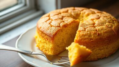 Um bolo de fubá inteiro, com casquinha dourada e rachada no topo, fatiado para revelar um miolo amarelo e aerado, servido em um prato de porcelana.