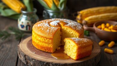 Bolo de fubá tradicional dourado, inteiro, com a superfície rachada levemente, fatiado para mostrar o miolo fofo e amarelo, decorado com um fio de mel e milho ao lado.