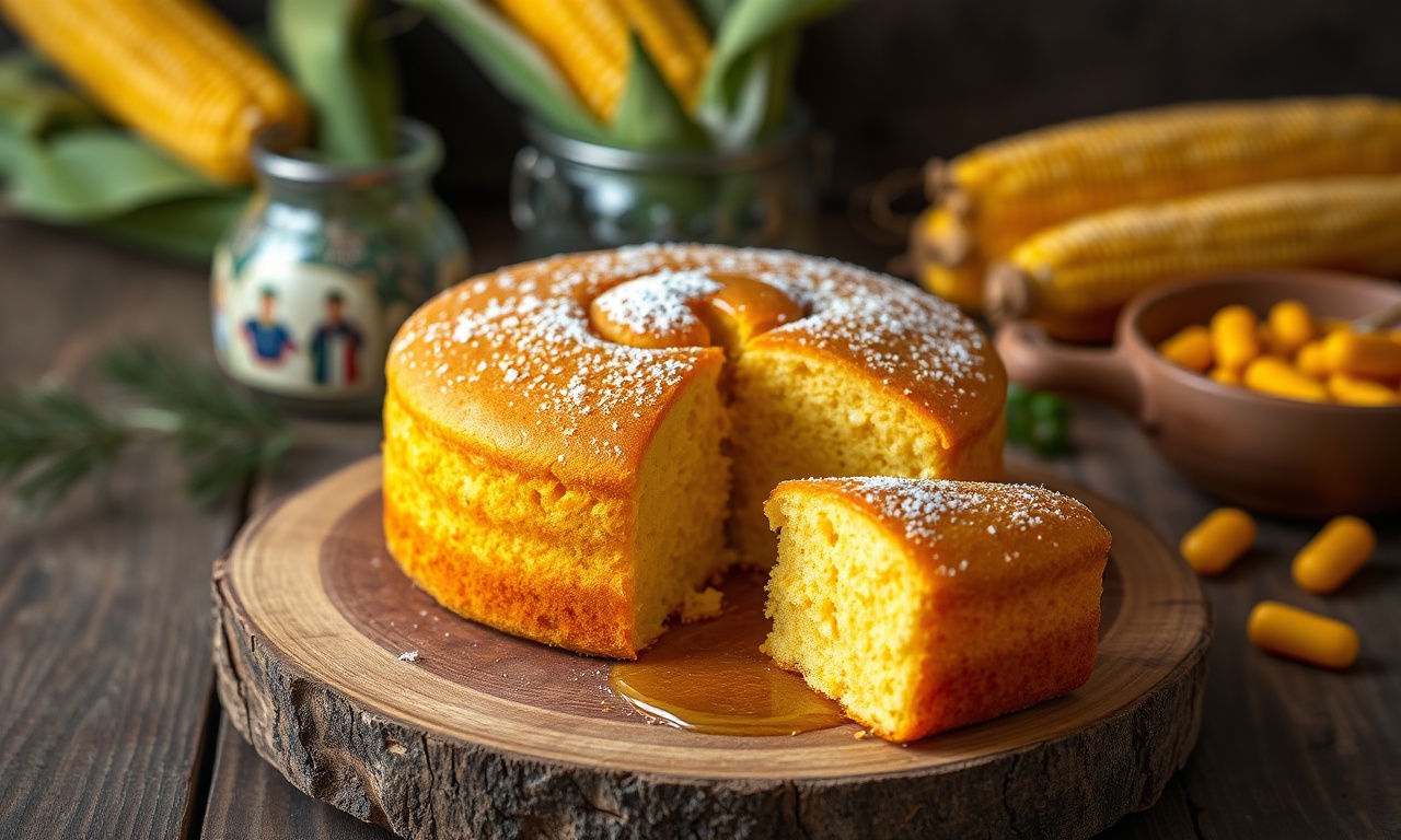 Bolo de fubá tradicional dourado, inteiro, com a superfície rachada levemente, fatiado para mostrar o miolo fofo e amarelo, decorado com um fio de mel e milho ao lado.