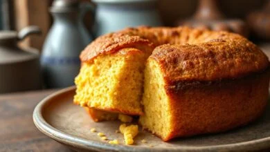 Bolo de fubá inteiro com crosta dourada, textura macia e fatia generosa sendo servida.