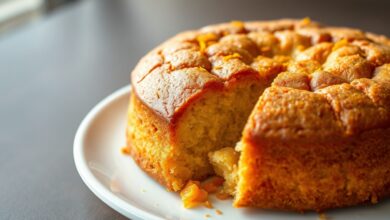 Um bolo de laranja dourado, com a superfície rachada e coberto por raspas vibrantes de laranja, fatiado para revelar a textura macia e úmida.