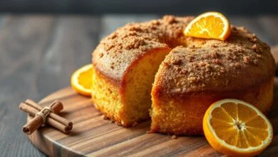 Bolo dourado inteiro com casquinha caramelizada de canela, fatiado para revelar a textura macia e úmida, decorado com laranjas frescas ao lado.