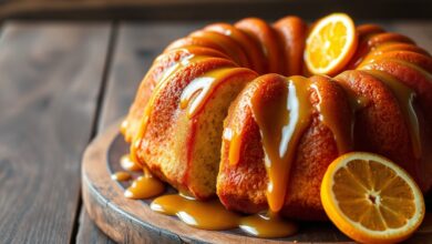 Bolo de laranja dourado e fofinho, com uma calda cítrica brilhante escorrendo pelas laterais, fatiado e pronto para servir.