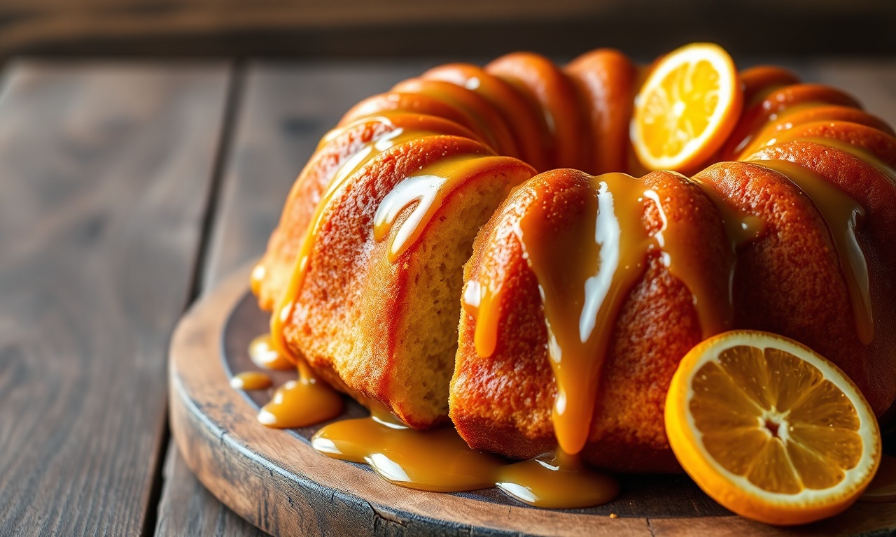 Bolo de laranja dourado e fofinho, com uma calda cítrica brilhante escorrendo pelas laterais, fatiado e pronto para servir.