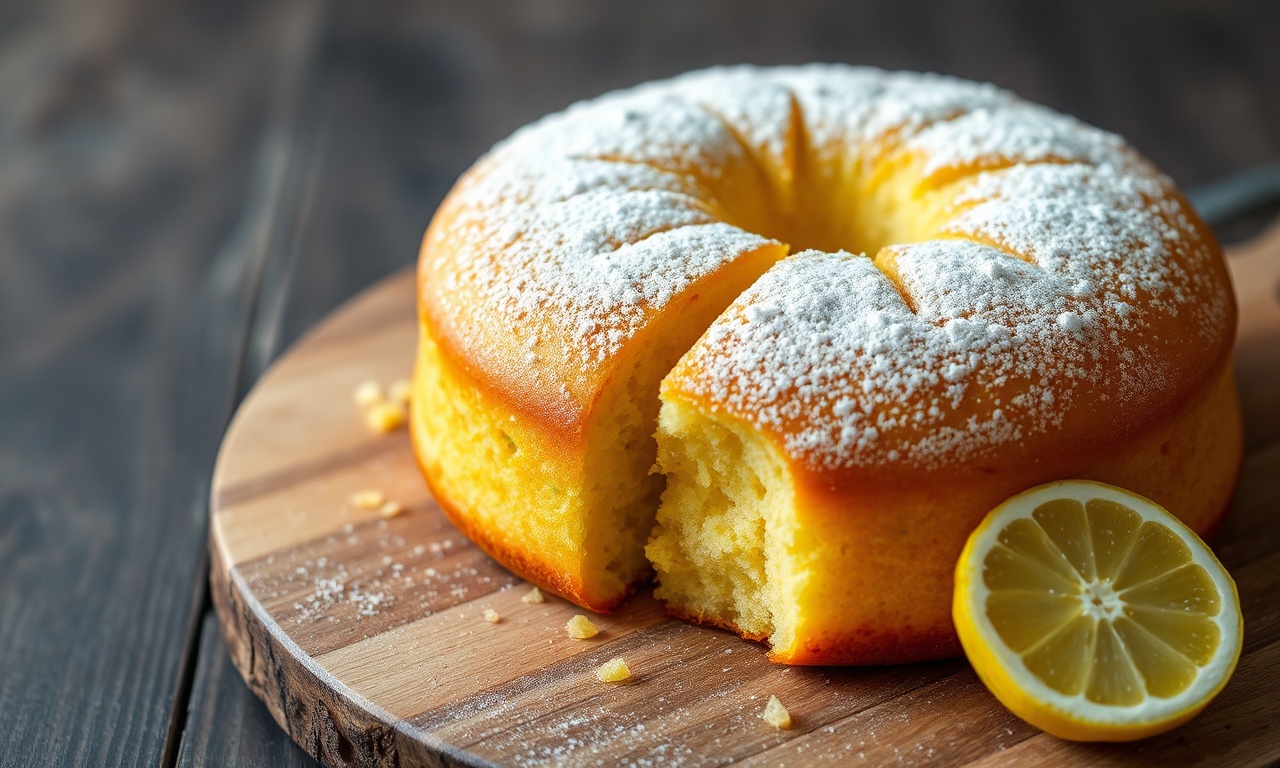 Bolo De Leite Condensado Com Limão: Fofinho E Cítrico Em 50 Min 3 Bolo redondo dourado, com uma fatia generosa servida ao lado, revelando a textura úmida e fofa com pequenos pontos de casquinha de limão.