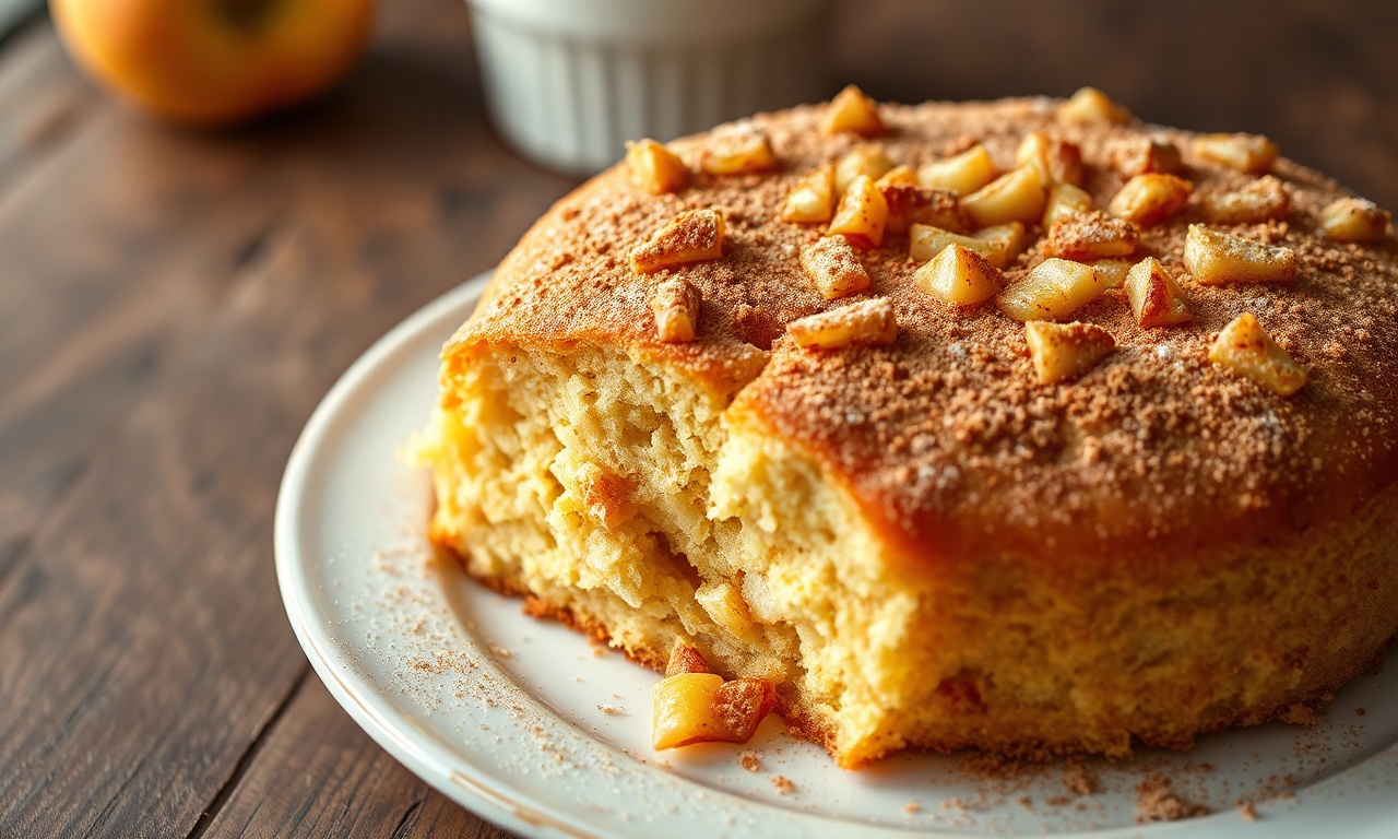 Bolo De Maçã Com Canela Fofinho E Úmido Em 50 Minutos 3 Bolo dourado e fofinho com lascas de maçã caramelizadas na superfície, polvilhado com canela, fatiado revelando interior úmido e macio