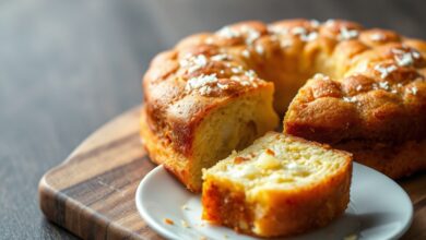 Bolo de mandioca dourado, com textura úmida e fofa, fatiado para revelar o interior cremoso com pedaços de coco e queijo.