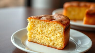 Fatia generosa de bolo de mandioca com casquinha dourada, miolo úmido e cremoso, servida em um prato de porcelana branca.