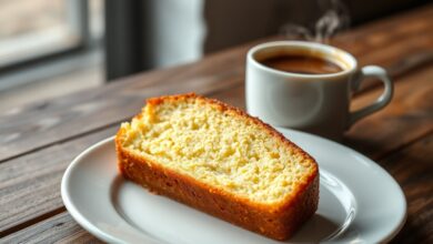 Fatia generosa de bolo de manteiga dourado, com textura fofa e macia, servida em um prato de porcelana branca ao lado de uma xícara de café.