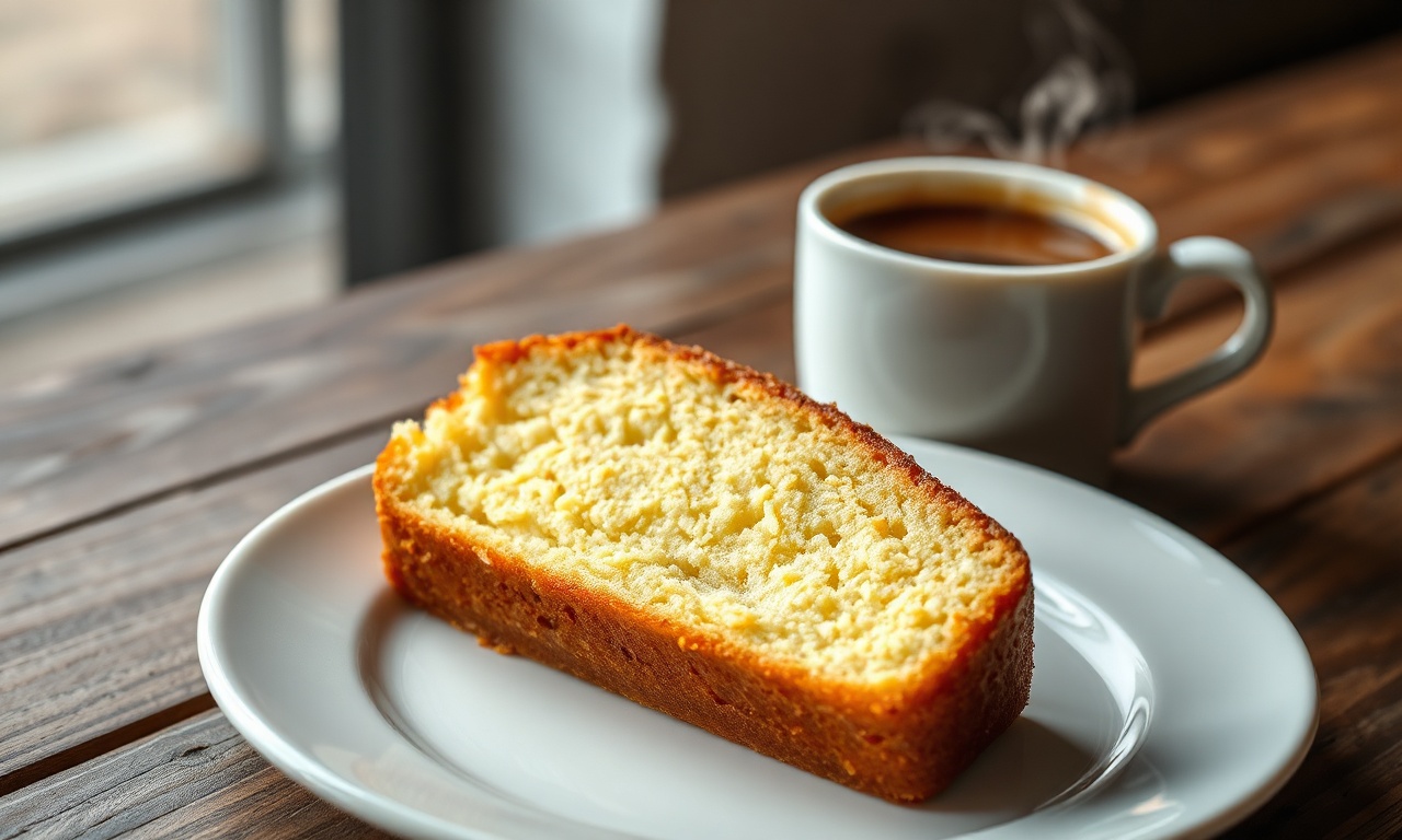 Fatia generosa de bolo de manteiga dourado, com textura fofa e macia, servida em um prato de porcelana branca ao lado de uma xícara de café.