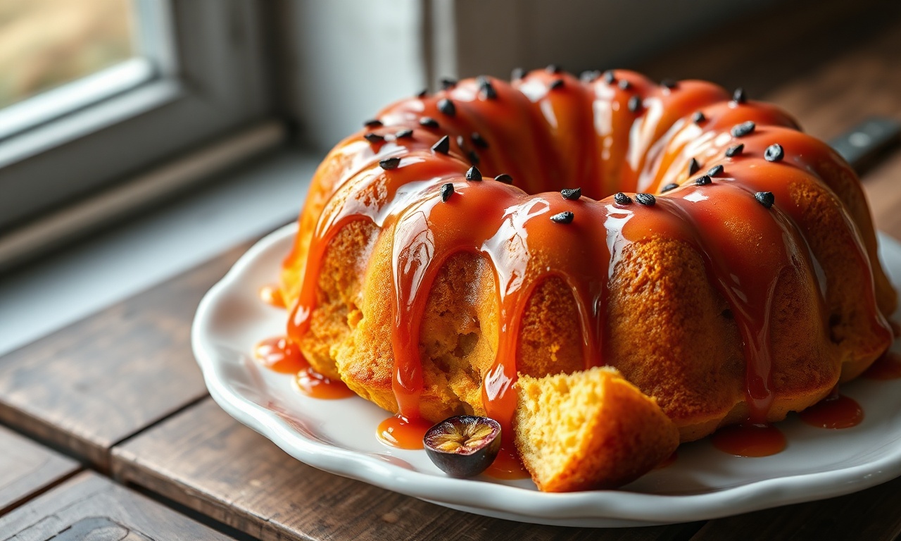 Bolo De Maracujá Fofinho E Úmido: Receita Fácil De 45 Min 3 Bolo de maracujá dourado e fofinho, com uma calda brilhante escorrendo pelas laterais e sementes de maracujá por cima.