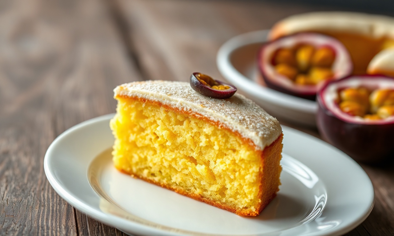 Bolo De Maracujá Sem Glúten: Fácil, Úmido E Sem Lactose 3 Fatia de bolo de maracujá úmido e perfumado, com textura macia e cor vibrante.