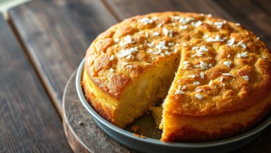 Bolo de milho com coco inteiro em forma redonda, dourado e com textura úmida, fatiado e servido em prato branco.