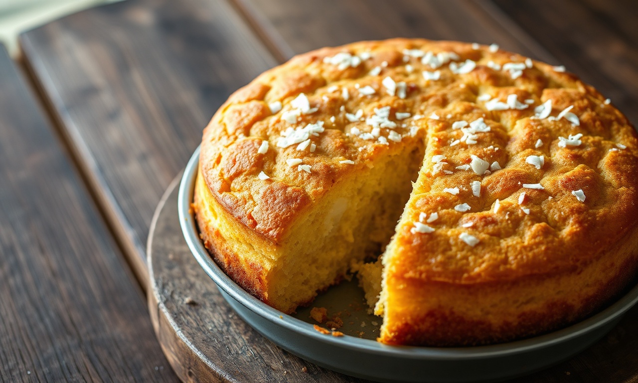 Bolo de milho com coco inteiro em forma redonda, dourado e com textura úmida, fatiado e servido em prato branco.