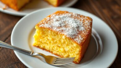 Fatia generosa de bolo de milho com fubá, revelando a textura cremosa e granulada do interior amarelo-ouro contrastando com a fina casquinha dourada e ligeiramente rachada no topo.