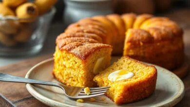 Um bolo de milho dourado, com uma fatia generosa servida ao lado, revelando o interior úmido e os cremosos bolsões de cream cheese.