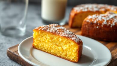 Um bolo de milho dourado, com a superfície rachada de leve e o interior cremoso e úmido, fatiado e pronto para servir.