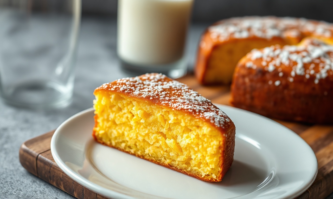 Um bolo de milho dourado, com a superfície rachada de leve e o interior cremoso e úmido, fatiado e pronto para servir.