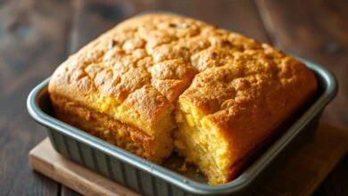 Bolo de milho cremoso inteiro e fatiado, com textura dourada e úmida, pronto para servir.