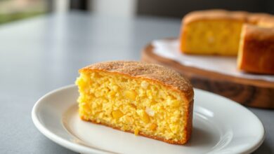 Bolo de milho dourado, com textura úmida e cremosa, fatiado para revelar o interior macio com grãos de milho.