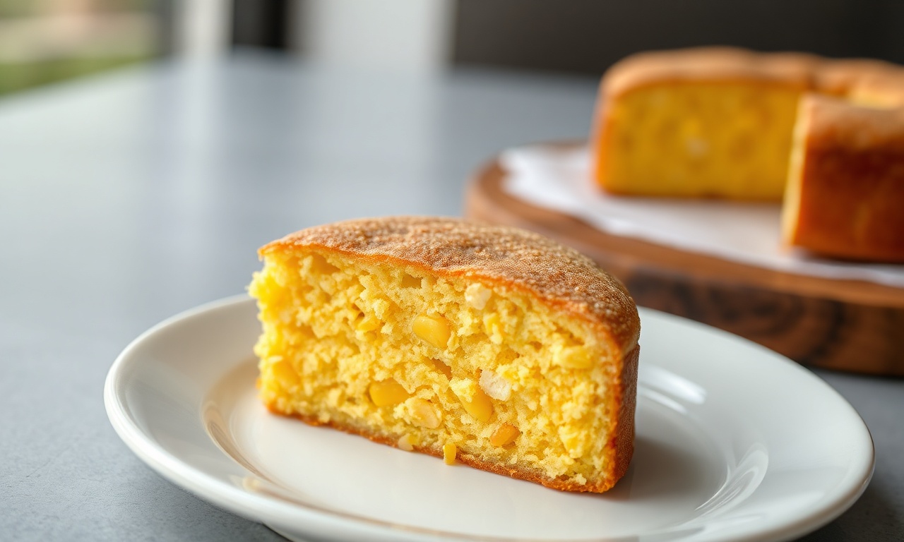 Bolo de milho dourado, com textura úmida e cremosa, fatiado para revelar o interior macio com grãos de milho.