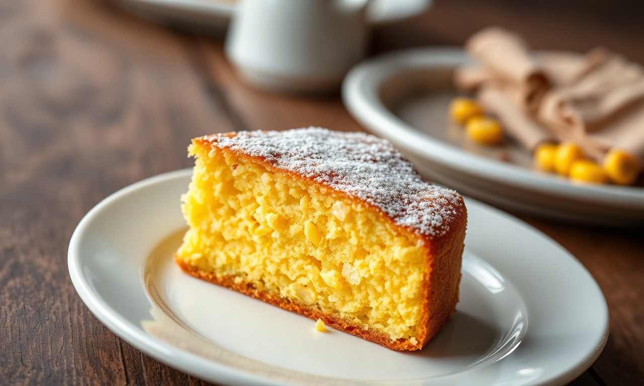 Bolo De Milho Cremoso De Liquidificador: Fofinho Em 50 Min 3 Fatia de bolo de milho cremoso com textura de pudim, dourado por fora e macio por dentro, pronta para servir.