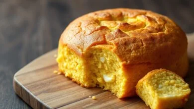 Bolo de milho de liquidificador inteiro, com superfície dourada e textura cremosa visível, fatiado sobre uma tábua de madeira.