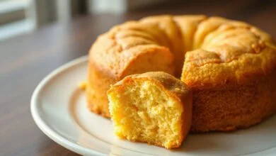 O bolo de milho inteiro, dourado e com a textura fofinha, fatiado para mostrar o interior úmido.